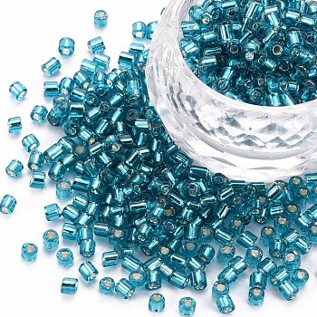 8/0 Glass Bugle Beads, Silver Lined, Dark Turquoise, 2.5~3x2.5mm, Hole: 1mm, about 15000pcs/pound