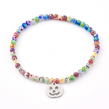 304 Stainless Steel Charm Stretch Bracelets for Halloween, with Alloy Beads and Millefiori Glass Beads, Pumpkin Jack-O'-Lantern, Colorful, Inner Diameter: 2-1/4 inch(5.8cm)