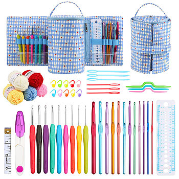DIY Knitting Kits with Storage Bags for Beginners Include Crochet Hooks, Polyester Yarn, Crochet Needle, Stitch Markers, Scissor, Ruler, Tape Measure, Light Blue, 18x44cm