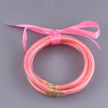 PVC Plastic Buddhist Bangle Sets, Jelly Bangles, with Glitter Powder and Polyester Ribbon, Orange Red, 2-1/2 inch(6.3cm), 5pcs/set