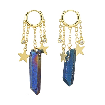 Dyed Natural Quartz Crystal Bullet Dangle Hoop Earrings, Golden Brass Star Tassel Earrings, Medium Blue, 55~63x17mm