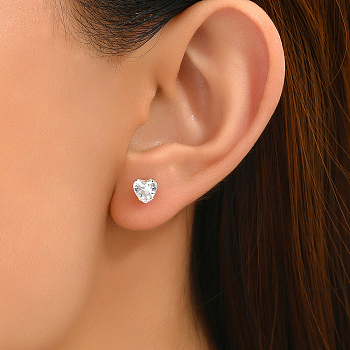 Elegant Crystal Zircon Stainless Steel Women's Earrings, 18K Gold Plated, Heart, Stud Earrings