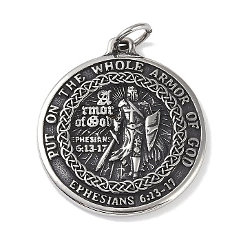 Viking 316 Surgical Stainless Steel Pendants, with Jump Rings, Flat Round with Knight Charm, Antique Silver, 42x37.5x4.5mm, Hole: 6.5mm