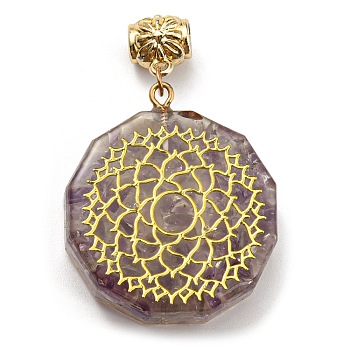 Natural Amethyst European Dangle Polygon Charms, Large Hole Pendant with Golden Plated Alloy Flower Slice, 53mm, Hole: 5mm, Pendant: 39x35x11mm