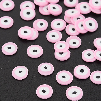 Handmade Polymer Clay Cabochons, Flat Round with Evil Eye, Pink, 5~6x0.5~1mm, about 50000pcs/1000g