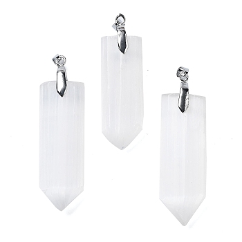 Natural Selenite Big Pendants, with Platinum Tone Rack Plating Brass Snap on Bails, Arrow, 59~67x17~21x9~13mm, Hole: 4x6mm