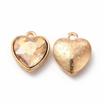 Faceted Glass Rhinestone Pendants, with Golden Tone Zinc Alloy Findings, Heart Charms, PeachPuff, 16.5x14x6.5mm, Hole: 1.6mm