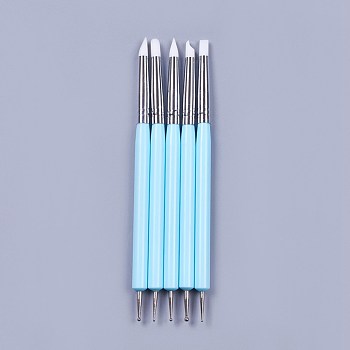 Silicone Double Head Nail Art Dotting Tools, Nail Brush Pens, Painting Drawing Line Brushes, with Brass Tube and Acrylic Finding, Sky Blue, 14.6~14.7x0.7mm, 5pcs/set