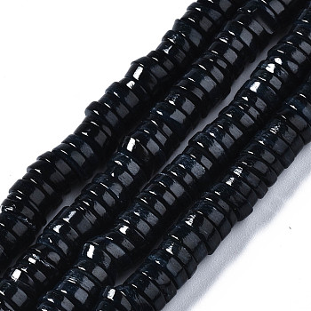 Natural Freshwater Shell Beads Strands, Dyed, Flat Round/Disc, Heishi Beads, Black, 6x6x1~2.5mm, Hole: 1mm, about 201~208pcs/strand, 15.20~15.43 inch(38.6~39.2cm)