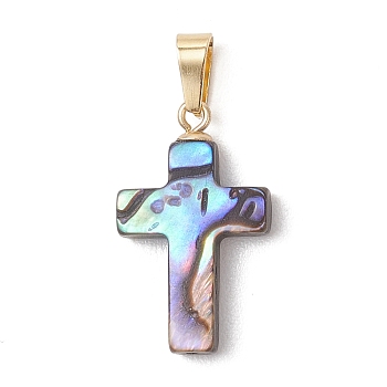 Natural Abalone Shell/Paua Shell Pendants, Cross Charms with 304 Stainless Steel Snap on Bails, Golden, 22x13x3mm, Hole: 6x3mm