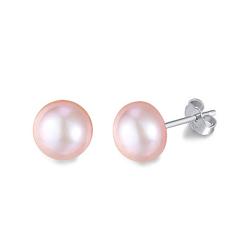 Natural Pearl Ear Studs for Women, with Rhodium Plated 925 Sterling Silver Pins, with S925 Stamp, Round, Real Platinum Plated, 7.5~8mm