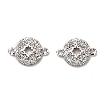 925 Sterling Silver Connector Charms, with Clear Cubic Zirconia, Flat Round with 925 Stamp, Real Platinum Plated, 9.5x14x2mm, Hole: 1mm