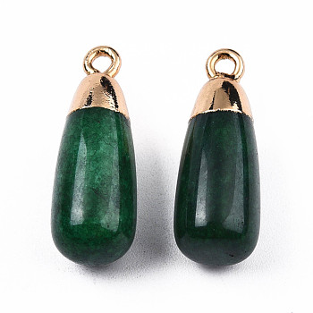 Natural Agate Pendants, with Light Gold Plated Iron Findings, Teardrop Charm, Dyed & Heated, Dark Green, 23x8mm, Hole: 1.8mm