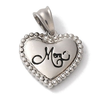 Non-Tarnish Mother's Day 304 Stainless Steel Pendants, Heart wirh Word Mom Charm, Stainless Steel Color, 21.5x22.5x3.5mm, Hole: 8x5mm