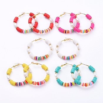Basketball Wives Style Brass Heishi Beaded Hoop Earrings, with Natural Cultured Freshwater Pearl Beads and Plastic Earring Backs, Mixed Color, 51x49~49.5mm, Pin: 0.8mm