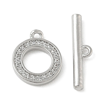 Brass Micro Pave Clear Cubic Zirconia Toggle Clasps, Ring, Cadmium Free & Lead Free, Long-Lasting Plated, Platinum, Bar: 4x16x2mm, Hole: 1.1mm, Ring: 12.5x10x1.5mm