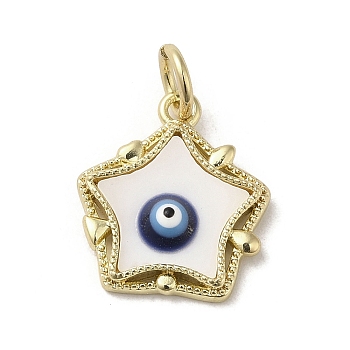 Evil Eye Enamel Shell Pendants, Brass Star Charms with Jump Rings, Real 18K Gold Plated, Midnight Blue, 17x15x3.6mm, Hole: 3.7mm