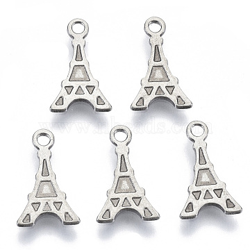 201 Stainless Steel Charms, Laser Cut, Eiffel Tower, Stainless Steel Color, 12x7x0.7mm, Hole: 1.4mm(X-STAS-R116-068)