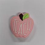Apple with Word Teach Silicone Focal Beads, Pink, 30x28x9mm, Hole: 3mm(SI-JX0089A-04)