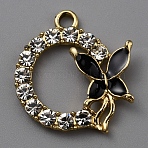 Alloy Enamel Pendants, with Rhinestone, Flat Round with Butterfly Charm, Light Gold, Black, 22x20x3mm, Hole: 2mm(PALLOY-WH0112-03KCG-01)