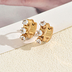 304 Stainless Steel Hoop Earrings, with Clear Cubic Zirconia, Golden, Flat Round, 18x13mm(NO9289-2)