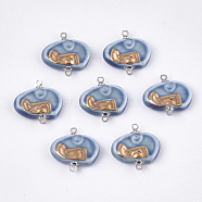 Handmade Porcelain Links connectors, Bright Glazed Porcelain, with Brass Findings, Platinum, Steel Blue, 19x18~18.5x4mm, Hole: 1.5mm(PORC-T002-106)