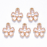 Alloy Enamel Charms, with ABS Plastic Imitation Pearl, Sakura Flower, Light Gold, Creamy White, 14.5x11.5x4.5mm, Hole: 1.2mm(X-ENAM-N054-028A)