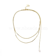 304 Stainless Steel Round Snake Chain Necklace with Acrylic Pearl Tassel Charm for Women, Golden, 44.09 inch(112cm)(NJEW-P271-07G)
