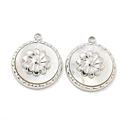 304 Stainless Steel Pendants, with Pave Shell, Flat Round with Flower Charm, Stainless Steel Color, 18x15x3mm, Hole: 1.5mm(STAS-L078-113P)