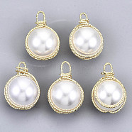 ABS Plastic Imitation Pearl Pendants, with Real 18K Gold Plated Brass Findings, Round, Creamy White, 19x13x12mm, Hole: 2mm(KK-N233-071C-01-NF)