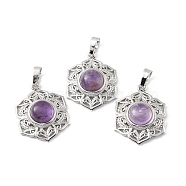 Natural Amethyst Pendants, with Rack Plating Brass Findings, Cadmium Free & Lead Free, Flower, 29.5x22.5x7.5~8.5mm, Hole: 7.5x5mm(G-P498-02P-04)