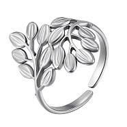 304 Stainless Steel Leaf Open Cuff Ring, Wide Band Ring for Women, Stainless Steel Color, US Size 7 1/2(17.7mm)(RJEW-SZ0001-18P)