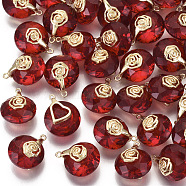 Valentine's Day Glass Pendants, with Light Gold Plated Brass Ice Pick Pinch Bails, Faceted, Flat Round with Rose & Heart, Red, 17~18x14x10mm, Hole: 1.2mm(GLAA-N038-003G)