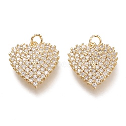 Brass Micro Pave Cubic Zirconia Pendants, Heart, Clear, Real 18K Gold Plated, 20x18.5x2.5mm, Hole: 3.4mm(ZIRC-F116-06-G)