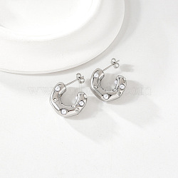 304 Stainless Steel Rhinestone C-Shaped Stud Earrings, with Imitation Pearl, Silver, 18x18mm(FS-WGCE1EF-03)