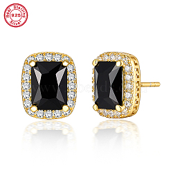 Cubic Zirconia Rectangle Stud Earrings, Real 18K Gold Plated 925 Sterling Silver Earrings, Black, 11x9mm(ES5982-2)