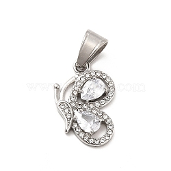 304 Stainless Steel Pendants, with Crystal Rhinestone, Butterfly Charms, Stainless Steel Color, 23x15x3.5mm, Hole: 8x5mm(STAS-K243-22P)