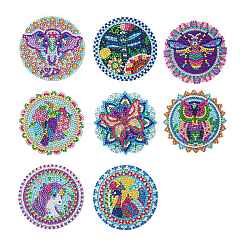 Animal Theme Unicorn/Bird/Insects DIY Diamond Painting Round Coaster Kits, Including Resin Rhinestones Bag, Diamond Sticky Pen, Tray Plate and Glue Clay, Mixed Shapes, 100mm, 8pcs/set(UNIC-PW0001-021)