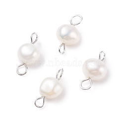 Natural Freshwater Pearl Connector Charms, with 304 Stainless Steel Loops, Nuggets, White, 14x6~8x5~5.5mm, Hole: 1.5~2.5mm(PALLOY-JF01404-03)