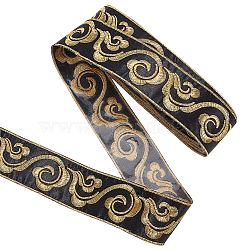 4.5M Iron on/Sew on Polyester Auspicious Cloud Embroidery Ribbon, Clothes Accessories, Black, Gold, 2 inch(52mm), about 4.92 Yards(4.5m)/Roll(OCOR-WH0078-177A)