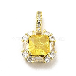 Brass Micro Pave Clear Cubic Zirconia Pendants, with Yellow Glass, Square, Real 18K Gold Plated, 21.5x13.5x7mm, Hole: 6.5x3mm(KK-I695-025G)
