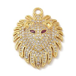 Rack Plating Brass Micro Pave Clear Cubic Zirconia Pendants, Long-Lasting Plated, Lead Free & Cadmium Free, Lion Charms, Real 18K Gold Plated, 32x24x2.5mm, Hole: 3mm(KK-G515-66G-01)