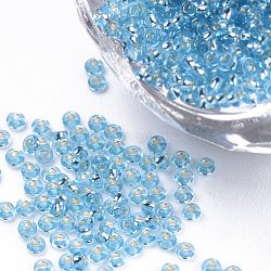 Silver Lined Glass Seed Beads, Round, Light Sky Blue, 1.5~2x1mm, Hole: 0.6mm, about 120000pcs/bag, about 450g/bag(SEED-Q025-1.5mm-C05)