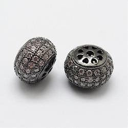 Brass Micro Pave Cubic Zirconia Beads, Flat Round, Lead Free & Nickel Free, Gunmetal, 12x9mm, Hole: 2mm(ZIRC-F038-08B-FF)