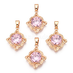 Brass Micro Pave Pink Cubic Zirconia Pendants, Flower Charm, Real 18K Gold Plated, 21.5x17x5.5mm, Hole: 4.5x3.5mm(KK-L208-02G)