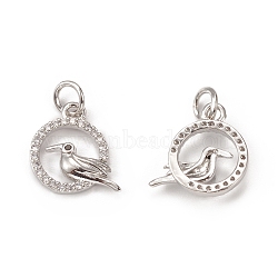 Brass Micro Pave Cubic Zirconia Bird Charms, with Jump Ring, Ring & Toucan Charm, Platinum, 13x12x2mm, Hole: 3mm(KK-E068-VB315)