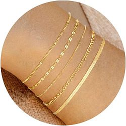 5Pcs Bohemian Style Alloy Chain Bracelets Kit for Women, Real 14K Gold Plated, 7-7/8 inch(20cm)(WG2620E-14)