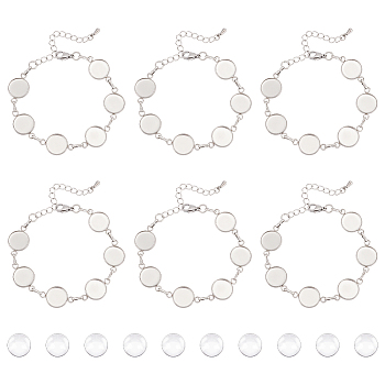 Round Tray 304 Stainless Steel Link Bracelets, with Transparent Glass Cabochons & Chain Extender & Lobster Claw Clasp, Stainless Steel Color, 6-3/4 inch(17cm), Tray: 12mm, 12pcs/set