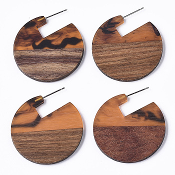 Transparent Resin & Walnut Wood Stud Earrings, with Stainless Steel Pin, Flat Round, Chocolate, 33.5x33.5mm, Pin: 0.8mm