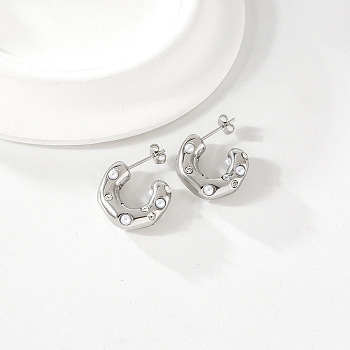 304 Stainless Steel Rhinestone C-Shaped Stud Earrings, with Imitation Pearl, Silver, 18x18mm